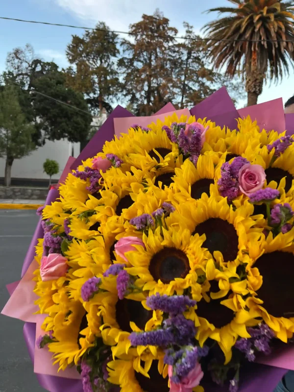 ramo de 30 girasoles con 12 rosas acompañadas de estatice
