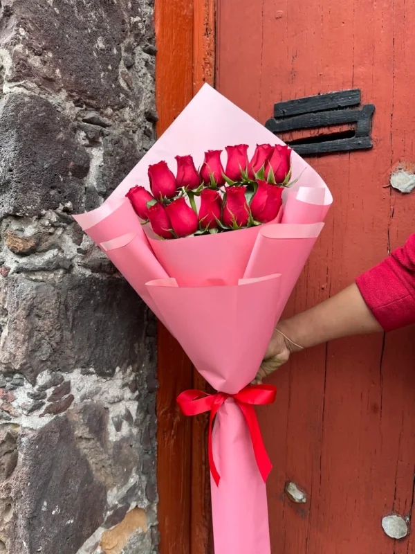 ramo de una vista con 12 rosas rojas