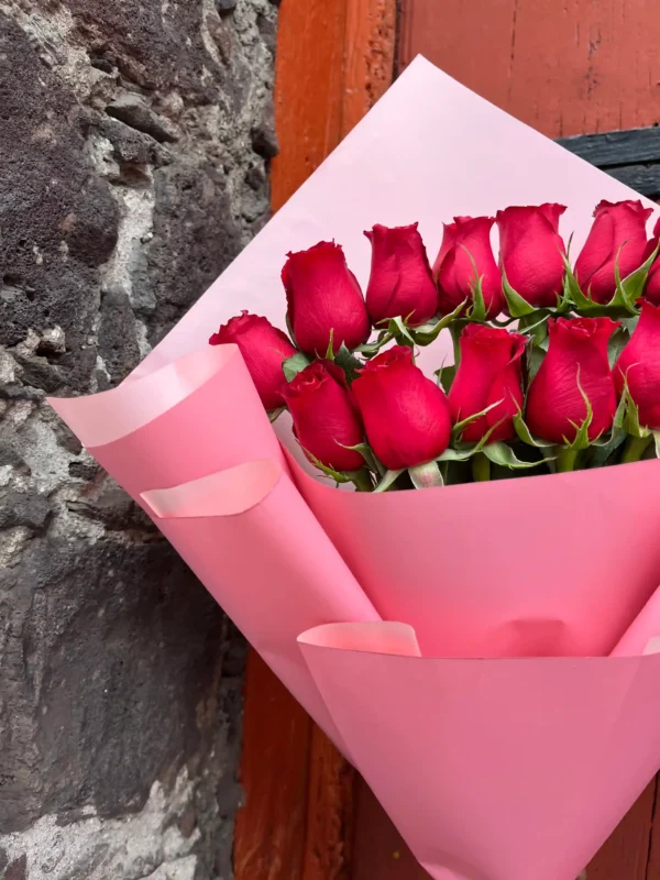 ramo de una vista con 12 rosas rojas