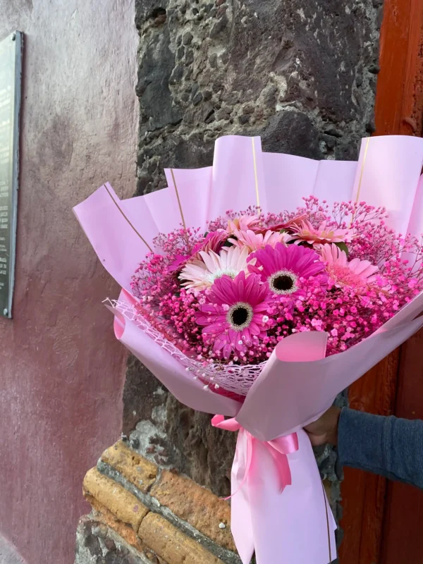ramo de 10 gerberas con nubecita en colores rosas
