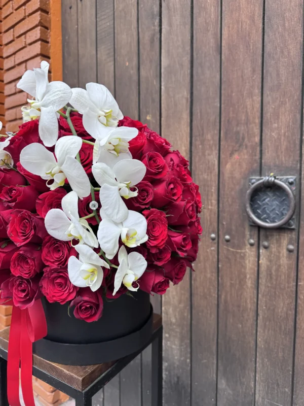 caja elegante de rosas rojas con orquideas blancas