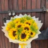 Ramo de 15 giraoles con solidago envueltos en papel especial en picos